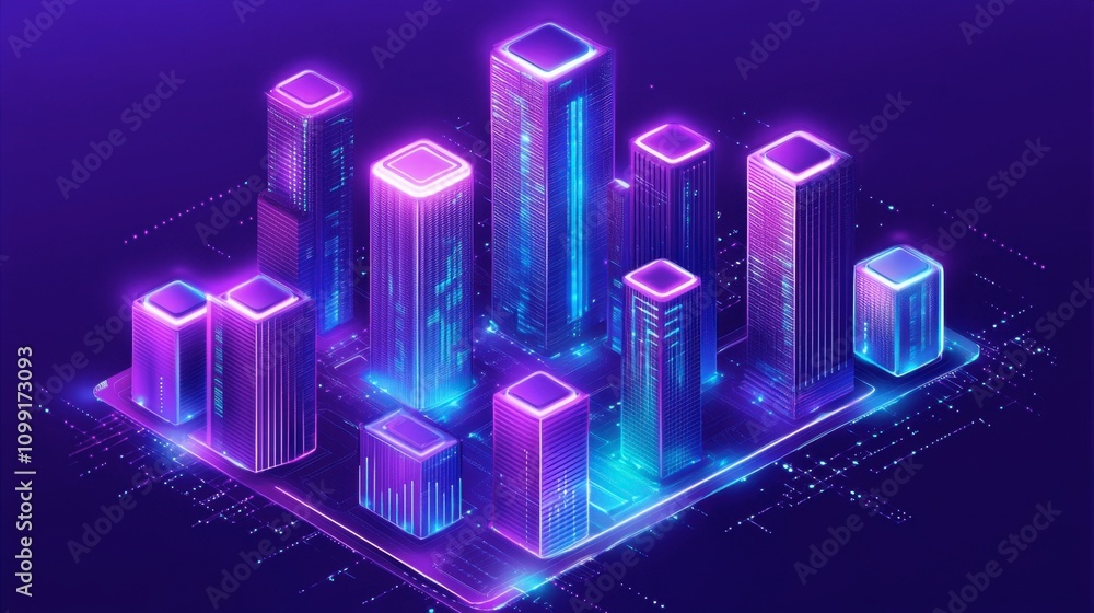 Fototapeta premium Futuristic Cityscape with Neon Lights and Buildings