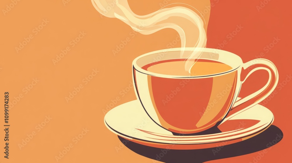 Obraz premium Warm cup of tea on a saucer. Steaming hot beverage in an orange cup.