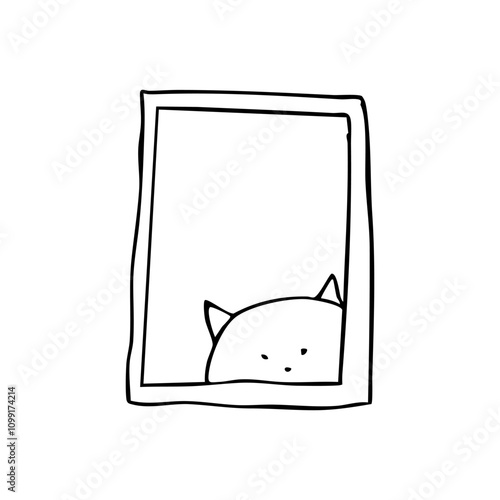 cat peeking out of bottom edge of vertical frame doodle - hand drawn line art