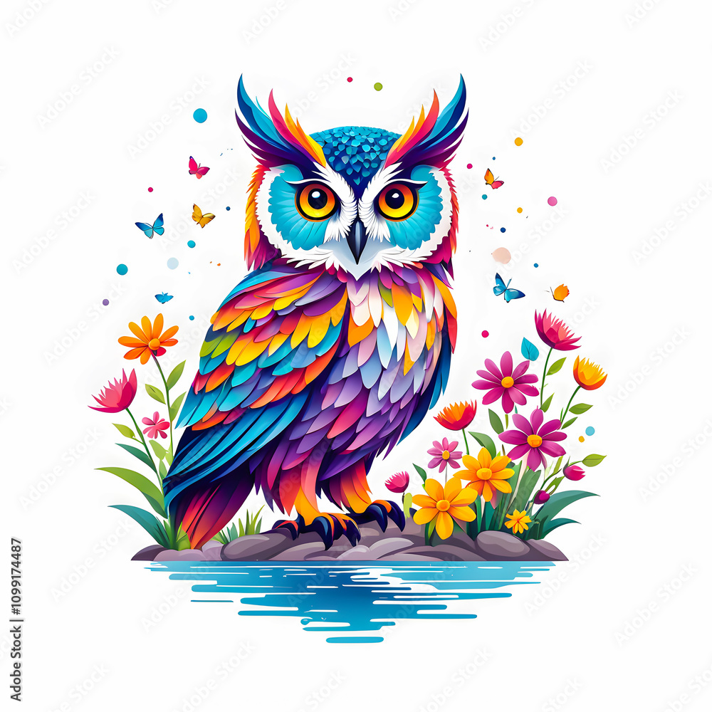 Fototapeta premium illustration of owl near river surrounded by colorful flowers on white background.