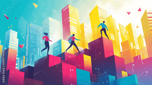 Dynamic business environment showcasing the concept of business agility, with symbols representing company transformation towards higher efficiency and rapid adaptation to market changes illustration.