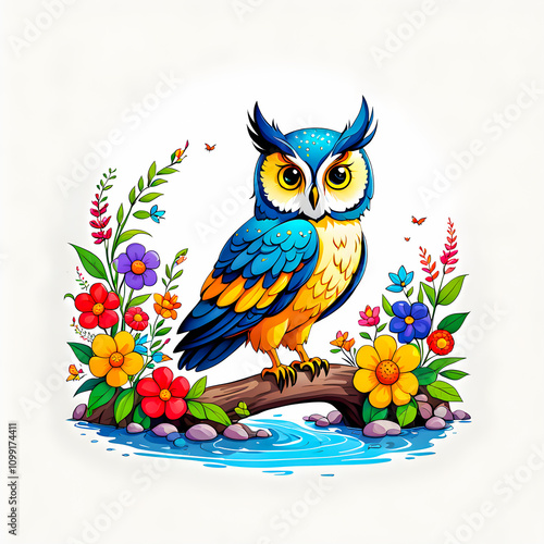 illustration of owl near river surrounded by colorful flowers on white background. photo