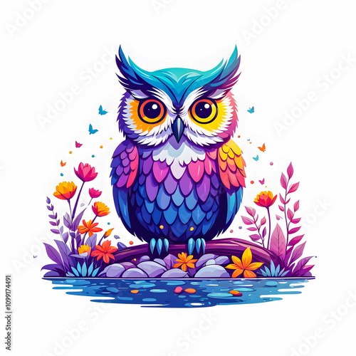 illustration of owl near river surrounded by colorful flowers on white background. photo