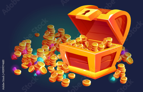Open wooden chest full of stacked gold coins and scattered sparkling gemstones. Bright wood box with treasure. Game reward or fantasy themed interface design. Ancient container with wealth heap