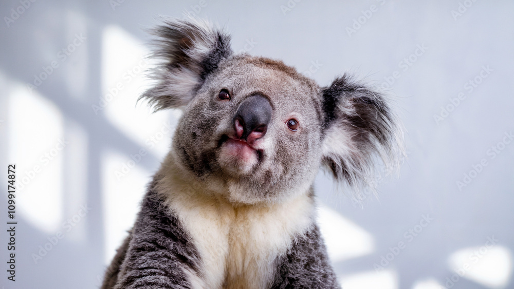 Fototapeta premium a koala tilting its head, its fluffy ears and round nose giving it a calm yet curious demeanor, against an isolated white background