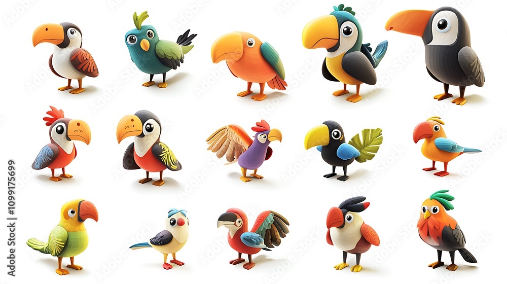Naklejka premium Cute Cartoon Tropical Birds Collection Toucans Parrots Macaws
