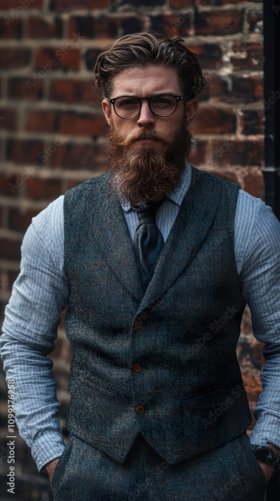 Obraz premium Portrait of a Bearded Man in a Waistcoat: Vintage Style and Classic Look