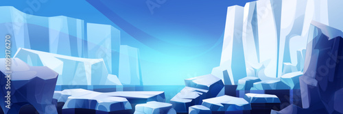 Nordic sea landscape with iceberg and glacier. Vector cartoon illustration of arctic scenery, blue ice rocks, white snow, cold ocean water and frozen sky, arctic nature background, north pole backdrop