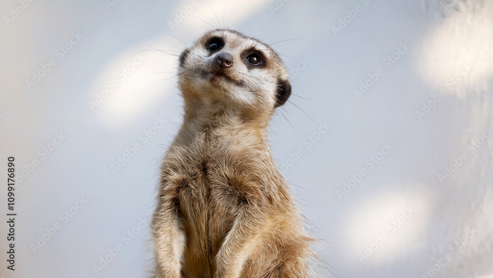 Fototapeta premium a watchful meerkat tilting its head slightly, its slender body and bright eyes showing attentive curiosity, against an isolated white background