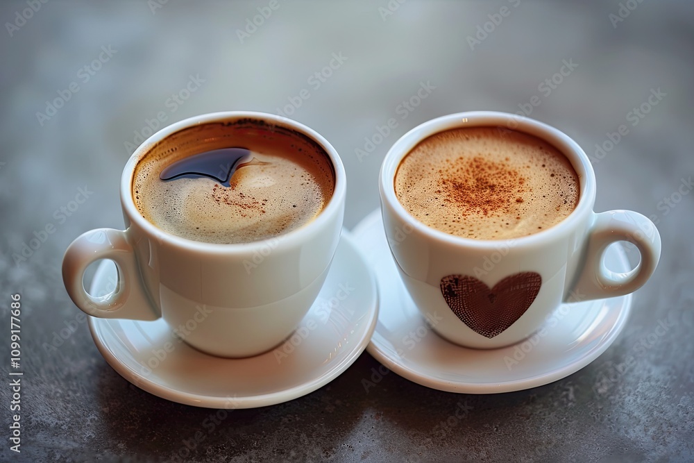 Fototapeta premium Two cups of coffee on saucers. Perfect for coffee shop menus or romantic themes.