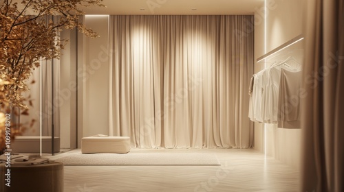 cozy fitting room in a shopping mall, curtains closed, warm neutral lighting photo