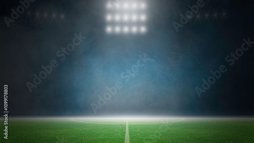 Green grass field sports stadium, Dark scene stage lights concert, spotlights and smoke floating up, night view for display soccer game of sport, competition, and entertainment