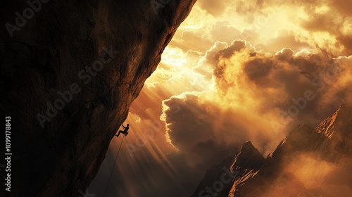 Conquering Heights: Climber Scaling Vertical Rock Wall in Dramatic Light with Swirling Clouds and Sunlight Breaking Through