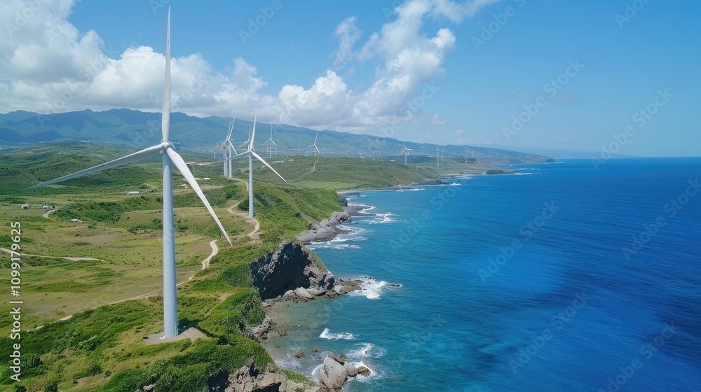 Fototapeta premium Coastal wind turbines generate clean energy. Sustainable power solution for a brighter future, showcasing renewable energy.