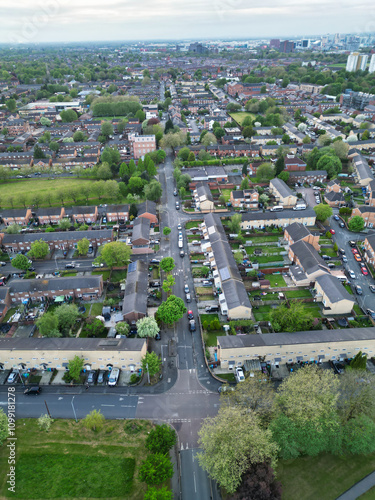 Aerial View of Buildings at Greater Manchester Central City, Northwest of England, United Kingdom. Aerial View Footage Was Captured with Drone's Camera on May 4th, 2024 During Sunset Time. photo