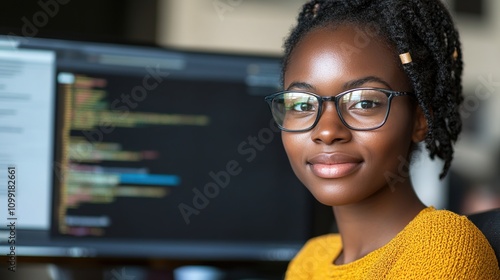 Young Female Coder with Glasses Smiling at Camera in Front of Computer Screen with Coding Text Highlighting Technology and Innovation in Modern Workspace photo