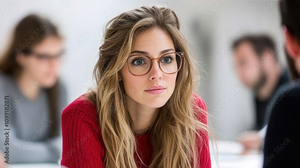 Fototapeta premium Thoughtful Woman in Glasses Engaged in Conversation with Intense Focus in a Bright, Modern Workspace Atmosphere Surrounded by Other Individuals
