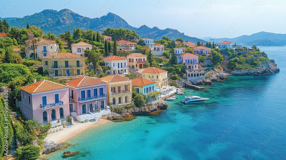 Fototapeta premium A picturesque coastal village with colorful houses by the turquoise sea.