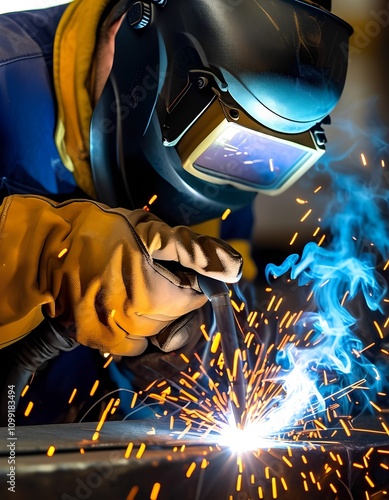 Welder skillfully performs welding operation with sparks flying around photo