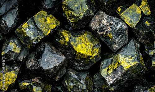 Abstract texture of dark grey and black rocks with vibrant yellow accents. Ideal for backgrounds, design projects or industrial themes. photo