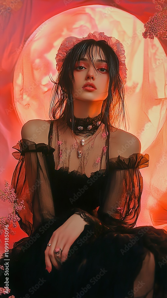 Fototapeta premium Mysterious Woman in Black Dress: Red Dramatic Portrait Photography