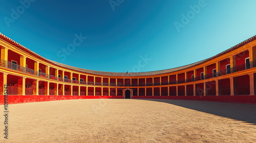 Empty Spanish bullfight arena with circular architecture, sandy floor, and clear blue skies, symbolizing tradition and culture  photo