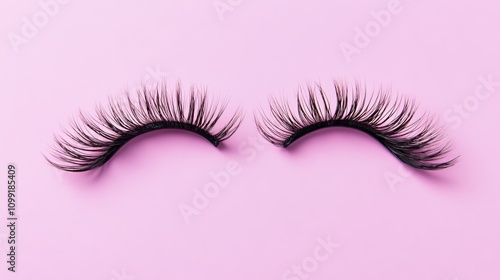 Lush black eyelashes display beauty studio product photography vibrant pink background close-up glamour and aesthetics photo