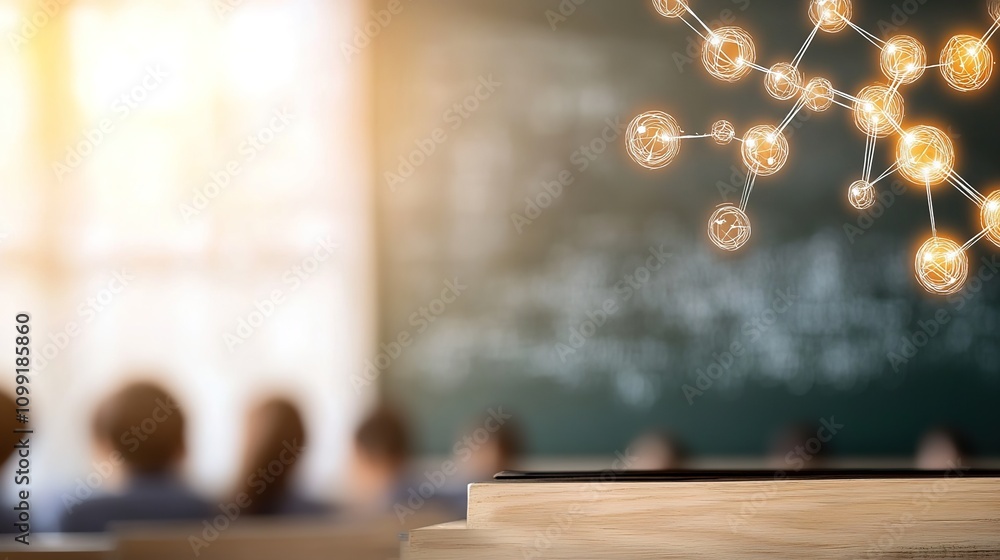 Obraz premium Abstract representation of molecular structure in a classroom setting, highlighting the importance of science education and student engagement in learning environments.