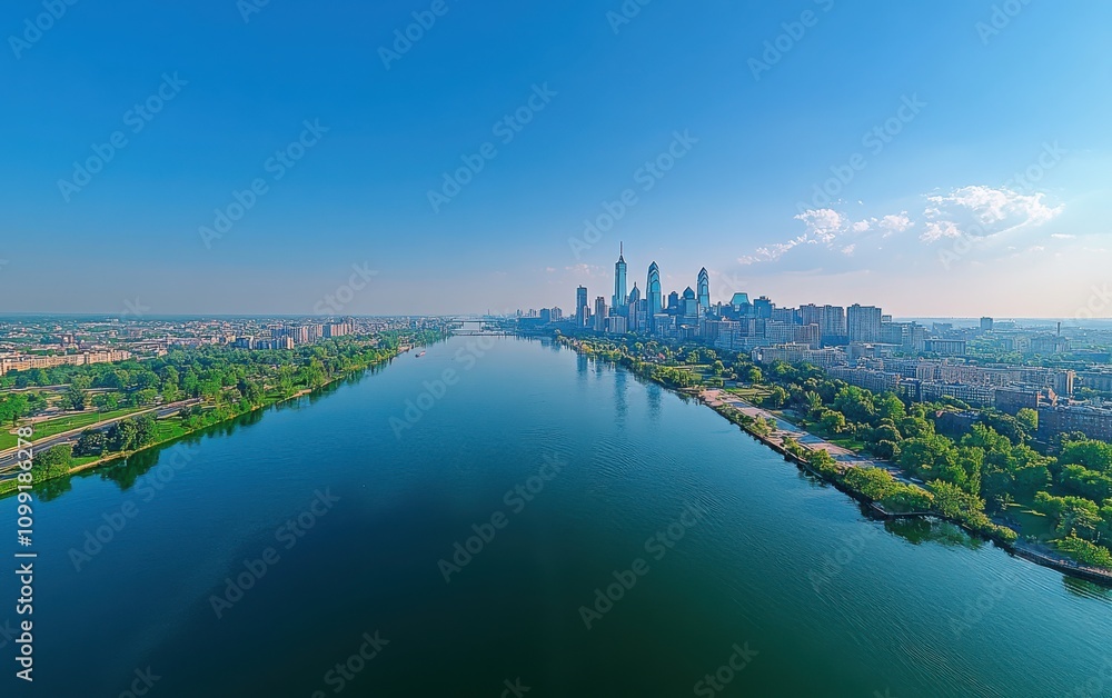 Fototapeta premium A professional aerial photo of Philadelphia's vibrant cityscape, showing skyscrapers, streets, and the river with greenery on both sides, captured under bright blue skies on a clear