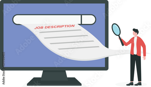 Title Reading job description carefully, finding the right job concept. An Unemployed person holding a magnifying glass to look at a job description hard copy which comes out of a laptop screen.