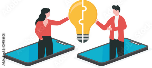 Remote meeting to find best idea to run business, brainstorming in organization concept. Businesswoman and businessman appearing on laptop screens to merge an idea light bulb.
