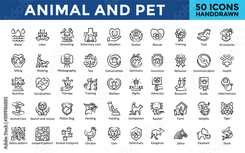 Animal and Pet icon set with food, water, litter ,grooming ,veterinary care, adoption, shelter, rescue, training, toys, accessories icon. Simple handdrawn vector 
