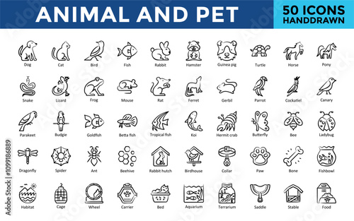 Animal and Pet icon set with dog, cat, bird, fish, rabbit, hamster, guinea pig, turtle, horse, pony, snake, lizard, frog, mouse icon. Simple handdrawn vector 
