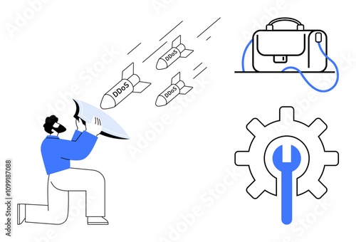 Man with shield deflecting DDOS attacks represented by missiles, briefcase, and cogwheel with wrench. Ideal for cybersecurity, data protection, tech support, network defense, IT solutions, cyber