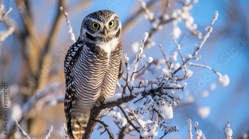 Owl perched on a snowy branch against a blue sky, showcasing winter beauty. photo