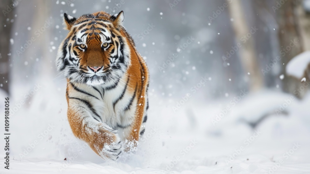 Obraz premium A tiger runs through snowy terrain, showcasing its power and grace in a winter landscape.