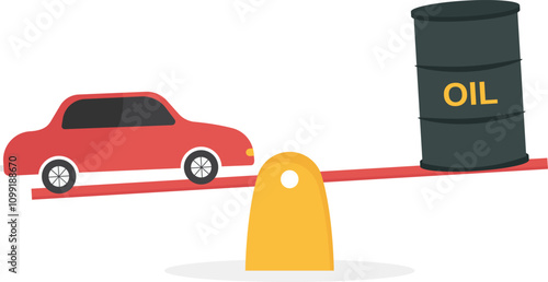 Global economic competition between electric cars and fuel combustion vehicles, strategy to win in the world car industry concept. Comparison electric car and patrol car on seesaw.

