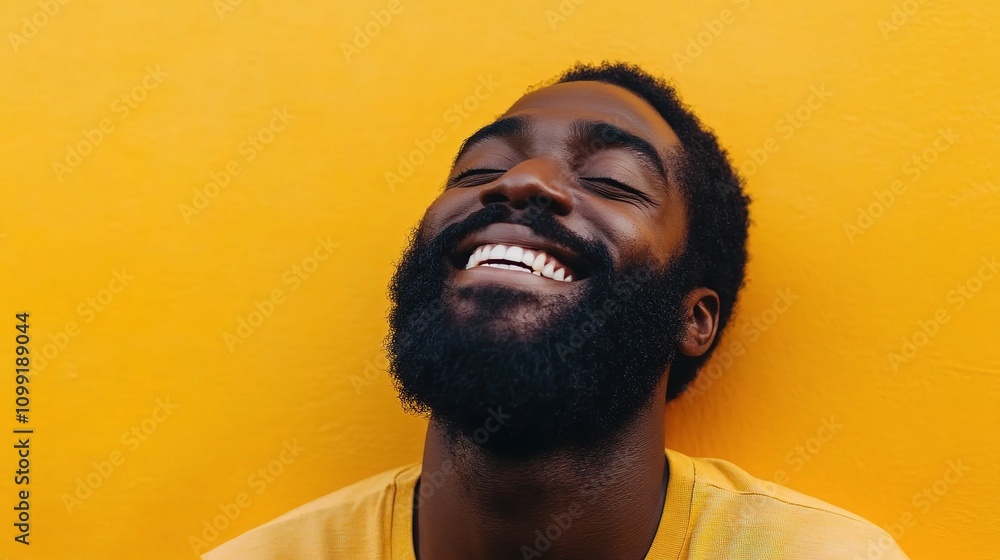 Obraz premium Cheerful Bearded Man Smiling Brightly Against Yellow Background