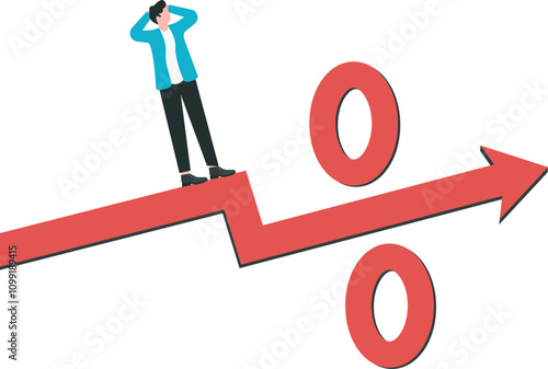 Impact of inflation on income, unfair wage compared to rising inflation, government failure in finance concept. Businessman standing on short coin stack looking at giant red rising percentage sign.
