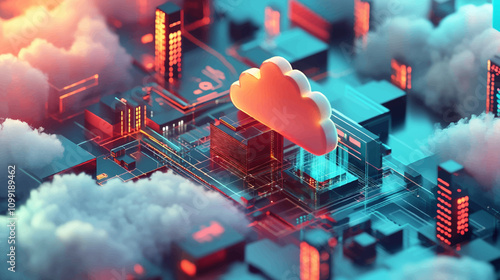 Abstract cloud computing and digital data transfer with computing networked across cities country and globe with virtualization approach isometric illustration.