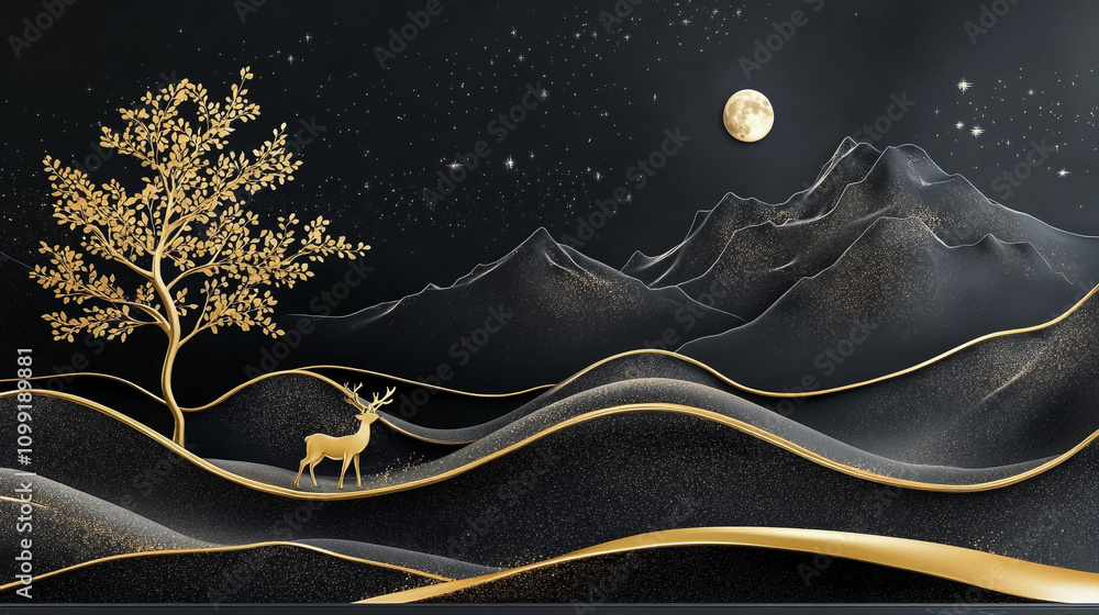 Naklejka premium Golden Deer in a Starry Night