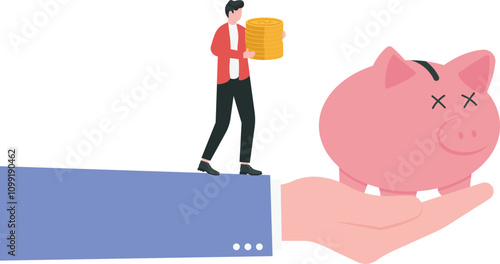 Reducing the money supply within an economy by increasing interest rates, contractionary monetary policy to address inflation concept. Businessman rushing to deposit his money in the bank.

