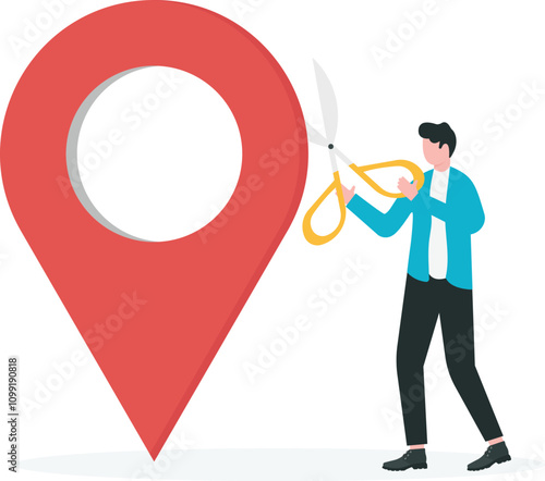 Company branches closure due to financial crisis or high competitive investment, keep business going in hard time concept. Entrepreneur cutting rope tied between business pin branches and head office.