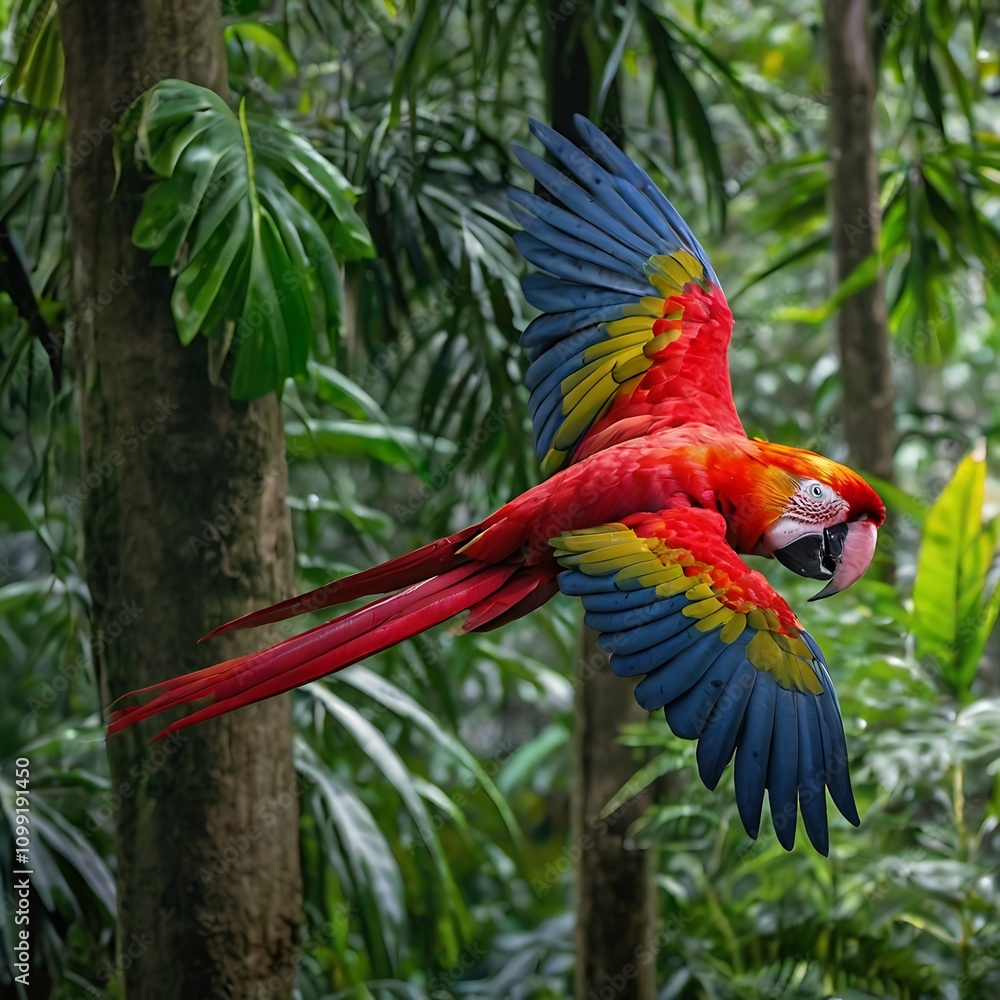 Obraz premium A bright red macaw is flying