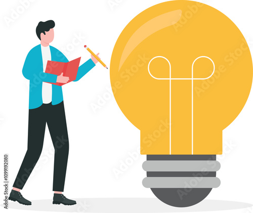 Seeking knowledge from experts, gaining experience to advance career, propensity to learn concepts. Giant hand showing a bright idea light bulb for businessmen to learn.

