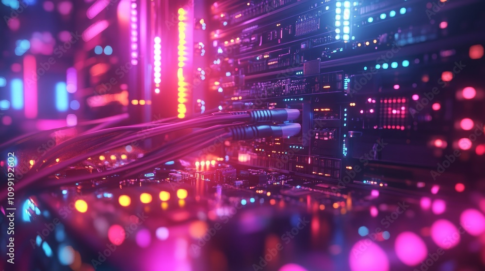Obraz premium Close-up of vibrant server rack with cables and colorful lights, showcasing technology infrastructure.