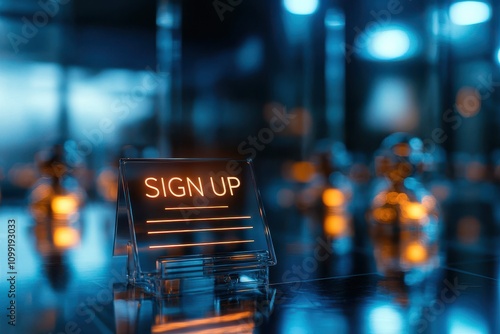 Wallpaper Mural A glowing "SIGN UP" sign in a dimly lit, modern environment with a blue and orange color scheme. Torontodigital.ca