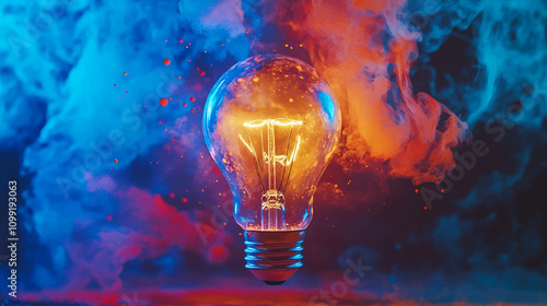 Creative concept light bulb explodes with colorful water colors on a dark black background. Think different, creative idea. Productivity and creativity splash watercolor vector illustration.
