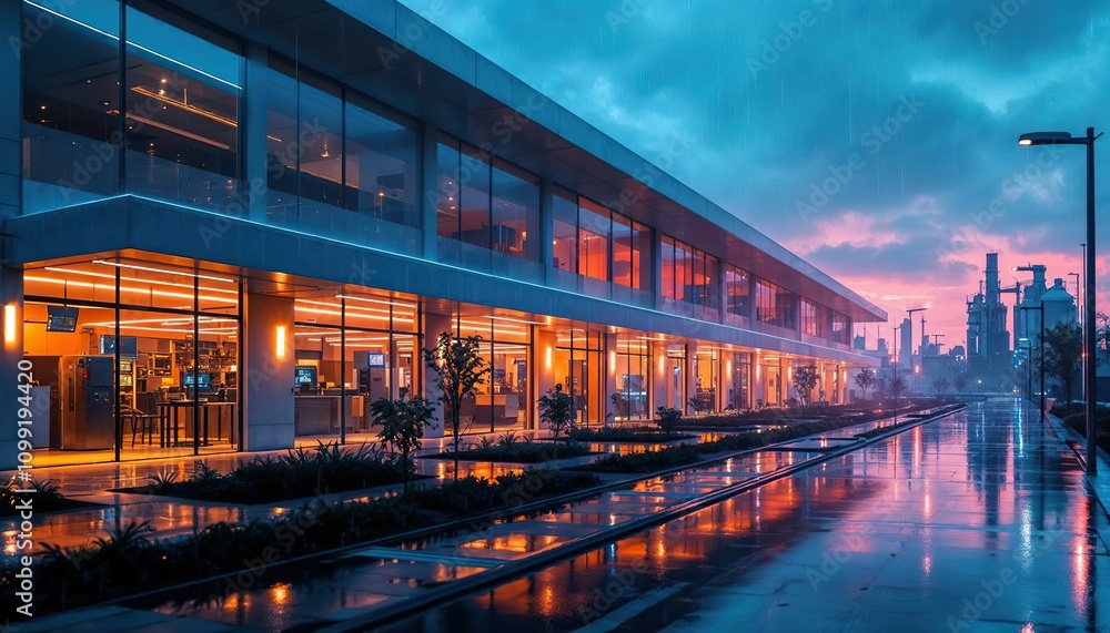 Obraz premium Urban Twilight: A modern, sleek building with a contemporary design stands illuminated against a breathtaking twilight sky, reflecting the soft glow of the city lights in a puddle of rain.