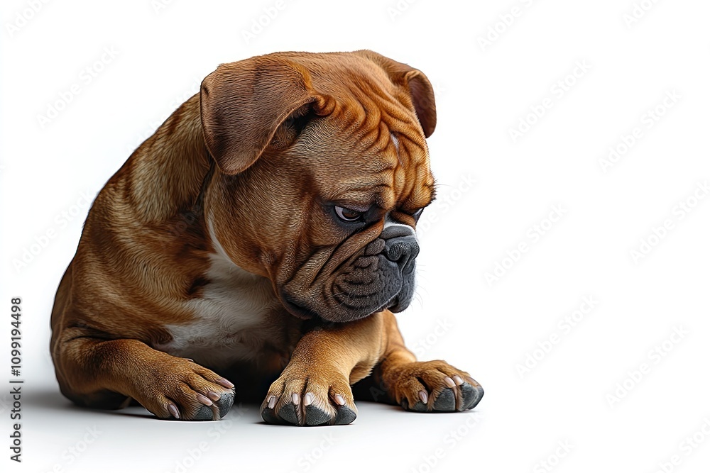 Obraz premium Sad brown bulldog puppy sitting on white background.
